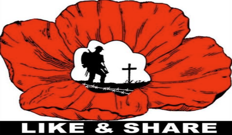 An image showing a red poppy and a drawing of a soldier standing by a grave. The words LIKE and SHARE are under the image.